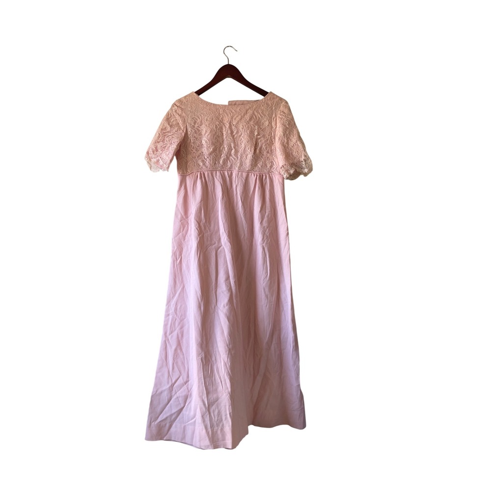 Vintage Pink Lace Empire Waist Maxi Dress‎ Short Sleeve Romantic Gown Womens